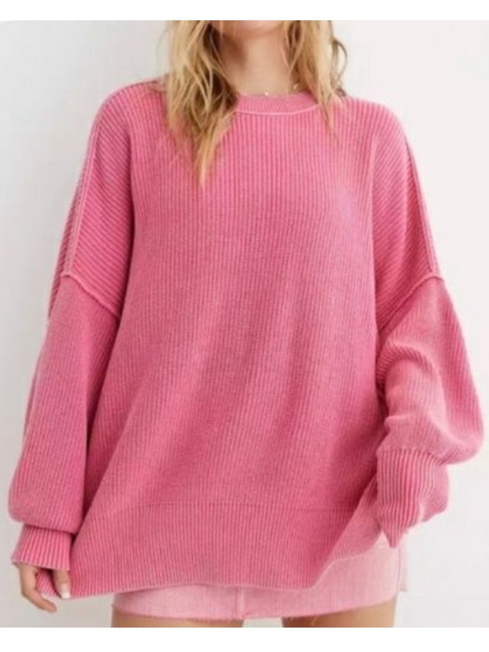 Aerie 100% Cotton Beyond Oversized Pink Sweater | Slouchy Balloon Sleeve Knit